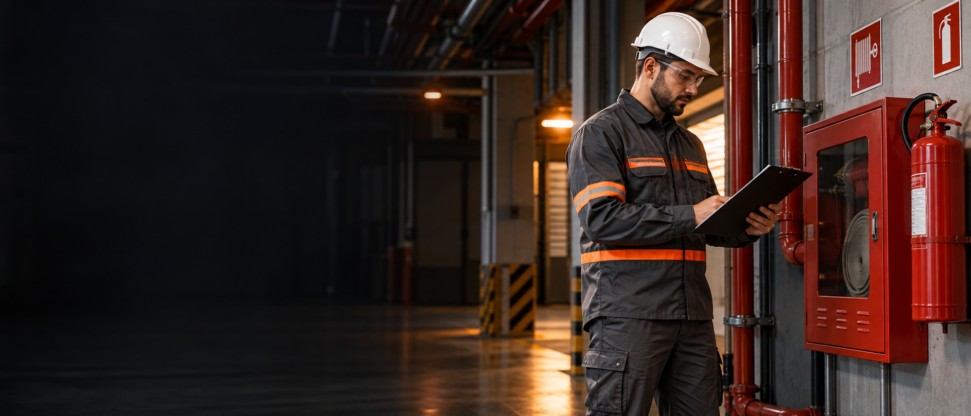 Profissional inspecionando sistema preventivo contra incêndio em ambiente industrial
